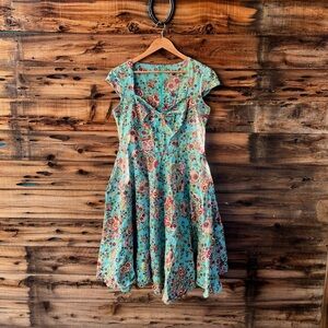 HELL BUNNY | Skull Floral Blue and Pink Midi Cap Sleeve Punk Grunge Dress XL